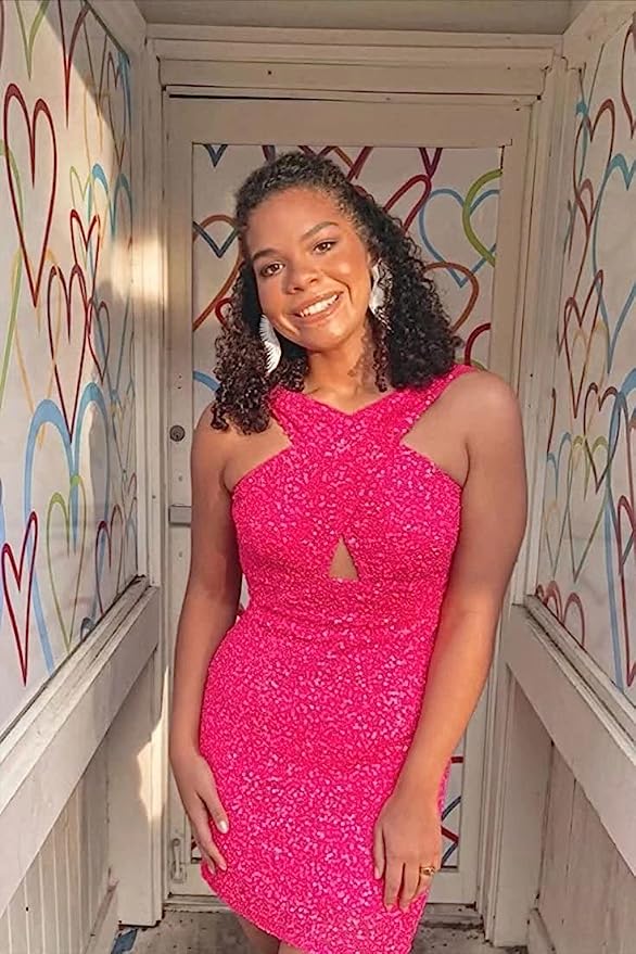 hot pink Sequins Cross Front Mini Bodycon Dress