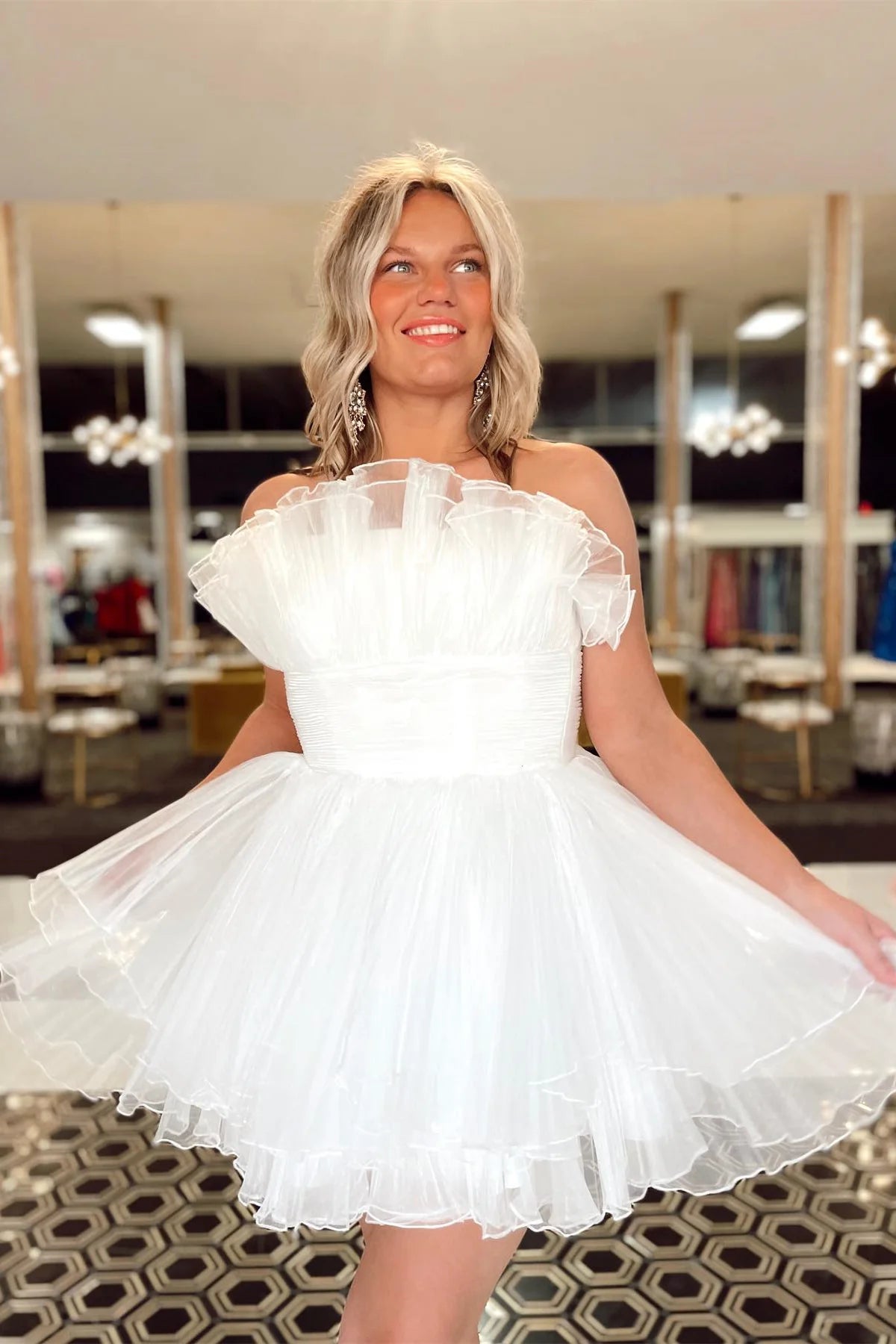 white short dresses prom white tiered skirt