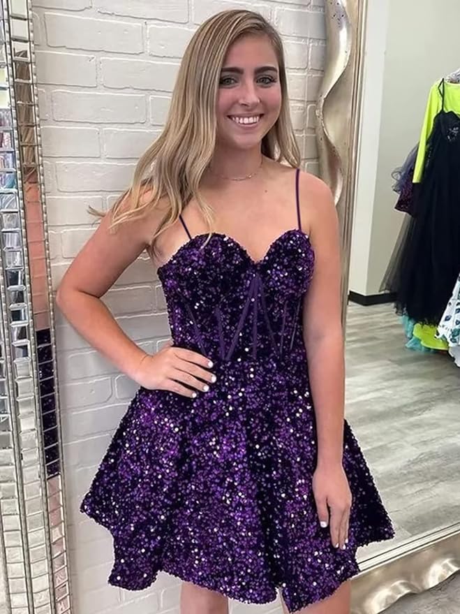 short purple prom dresses with sequins