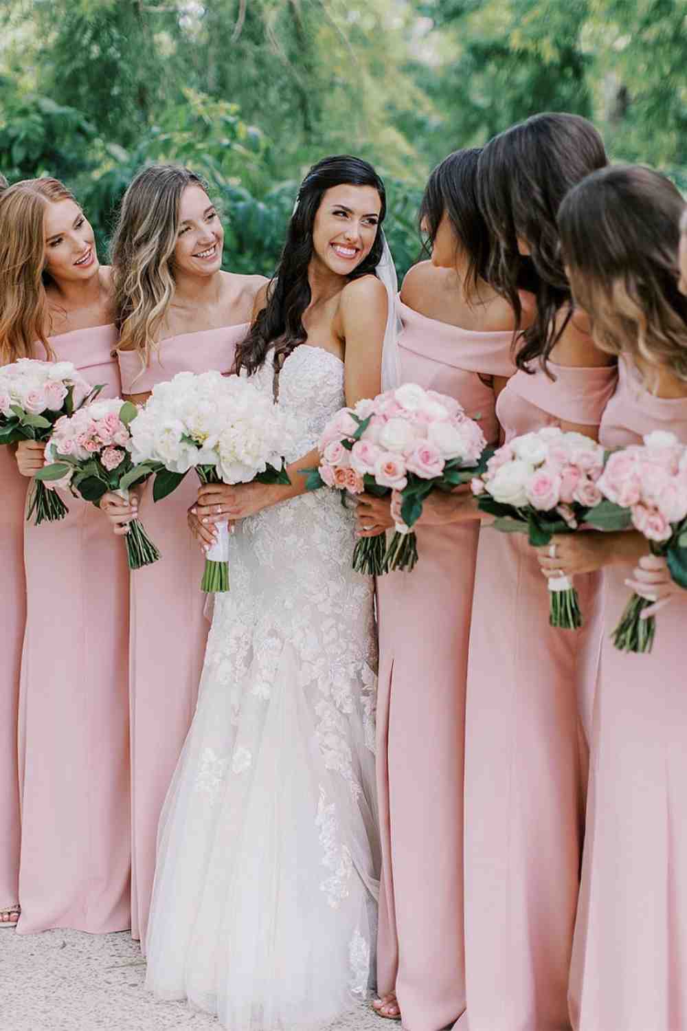 Off the Shoulder Pink Long Bridesmaid Dress with Slit For Wedding