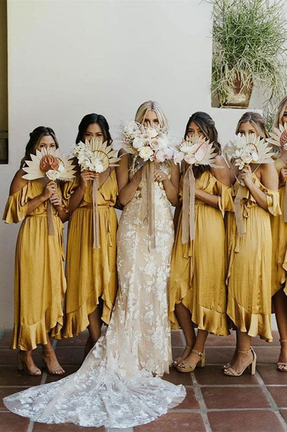 Ruffles Cold Sleeves Tea Length Mustard Yellow Bridesmaid Dress vivymakudress