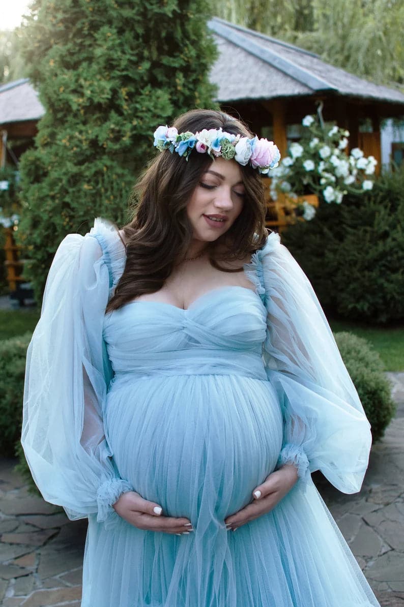 blue tulle maternity dress