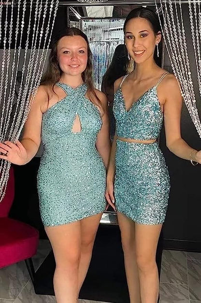 Sequins Cross Front Mini Bodycon Dress
