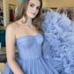 Blue Strapless Tulle Long Formal Dresses VMP168