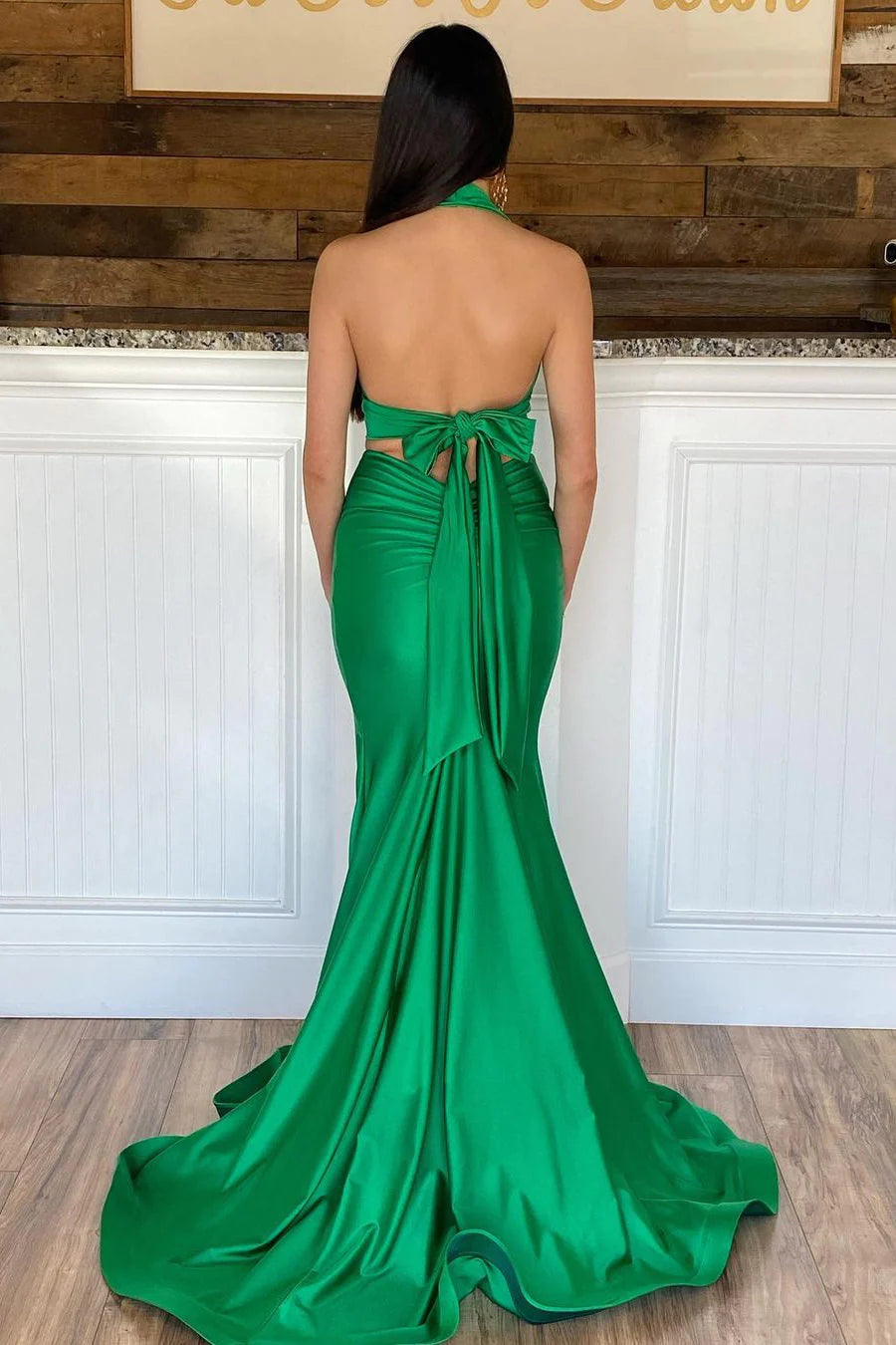 Green Halter Mermaid Prom Gown With Slit VMP166