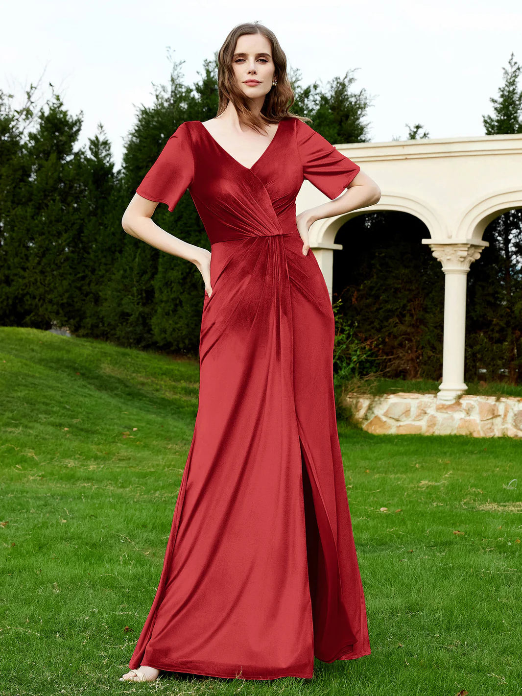 Short Sleeve Prom Dress V Neck High Slit Bridesmaid Dress VMP181