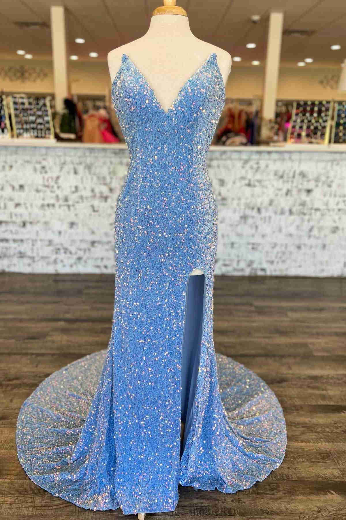 Light Blue Sequins Prom Dress With Slit VMP151
