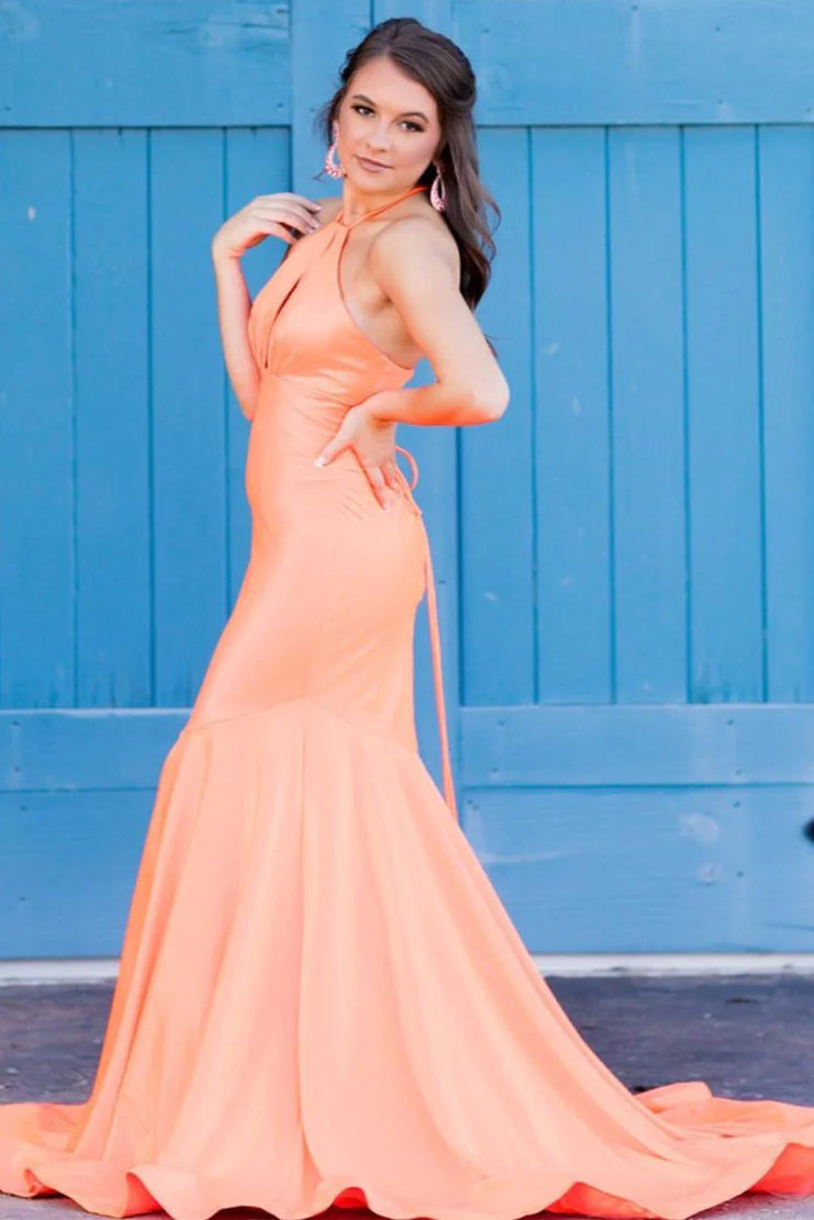 Mermaid Halter Orange Long Prom Dress VMP153