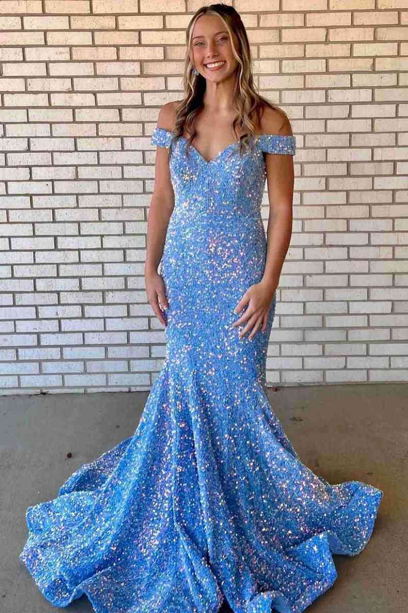 Mermaid Off-the-Shoulder Light Blue Sequins Prom Dress VMP150