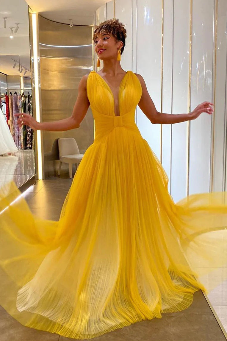 Plunging Neck Yellow Tulle Prom Dress VMP154
