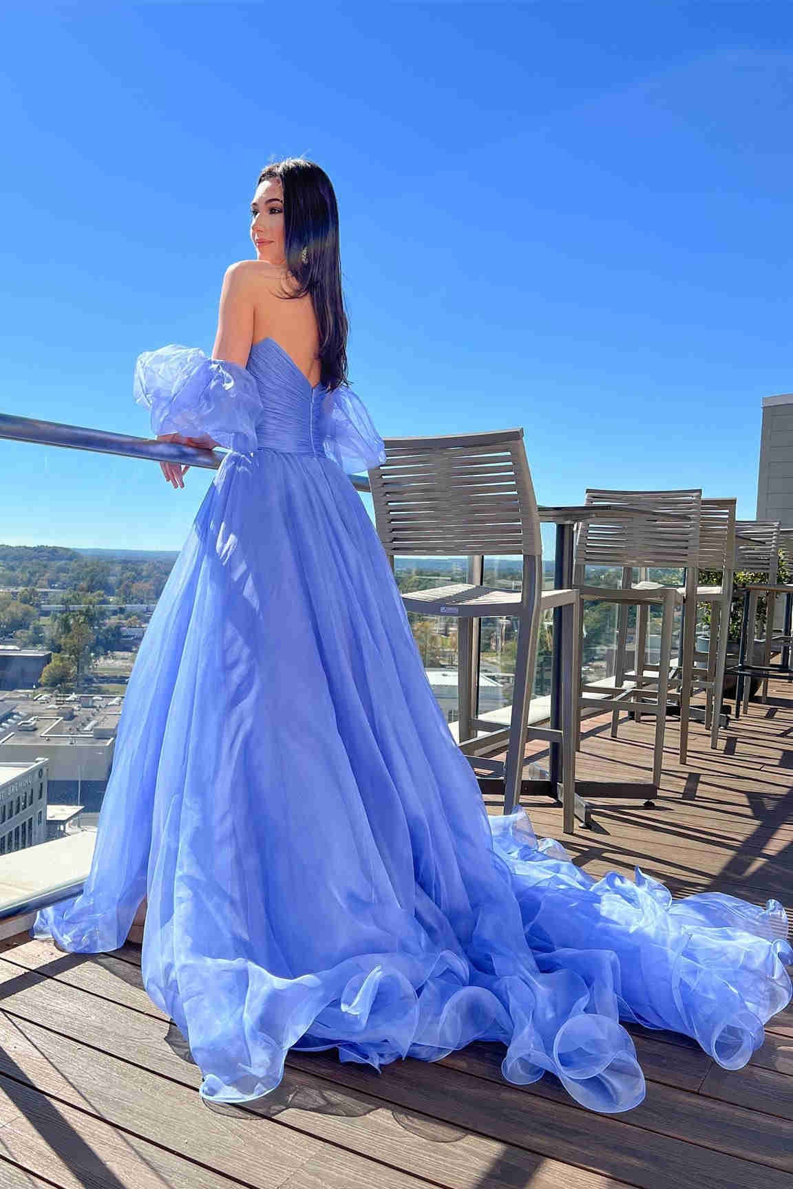 Lavender Puff Sleeves Pleated Prom Dress VMP152