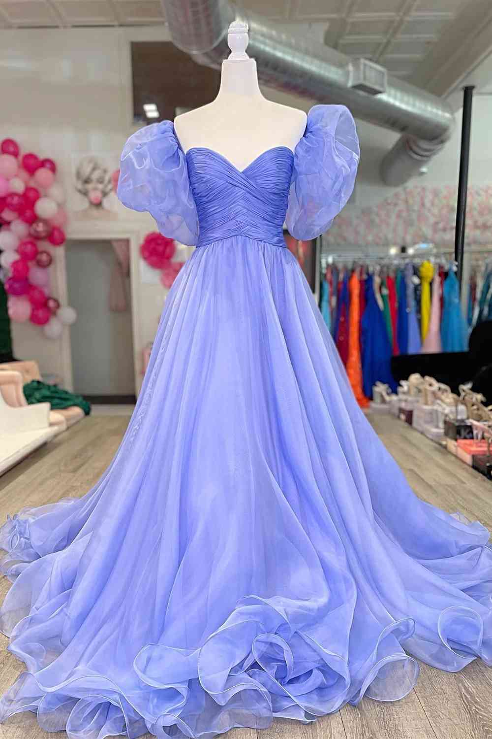 Lavender Puff Sleeves Pleated Prom Dress Princess Long Party Dress