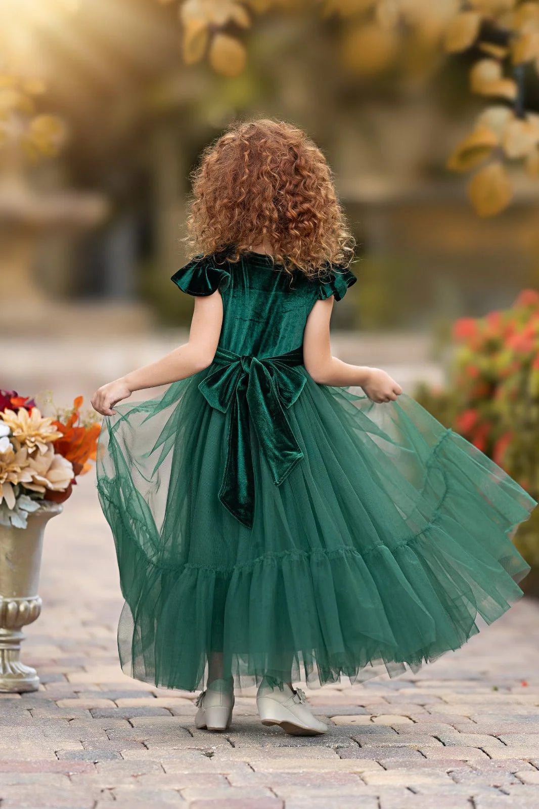 Ruffle Sleeves Velvet and Tulle Flower Girl Dresses