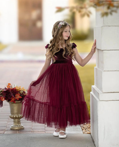 Ruffle Sleeves Velvet and Tulle Flower Girl Dresses