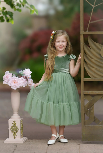 Ruffle Sleeves Velvet and Tulle Flower Girl Dresses