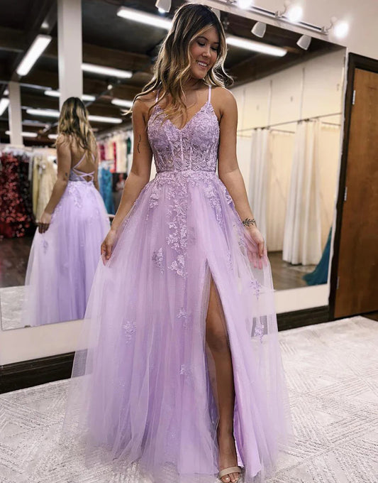 Tulle Spaghetti Strap Side Slit Lace Prom Dresses VMP158