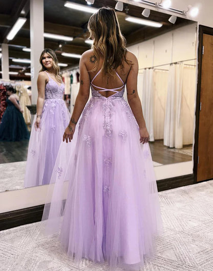 Tulle Spaghetti Strap Side Slit Lace Prom Dresses VMP158