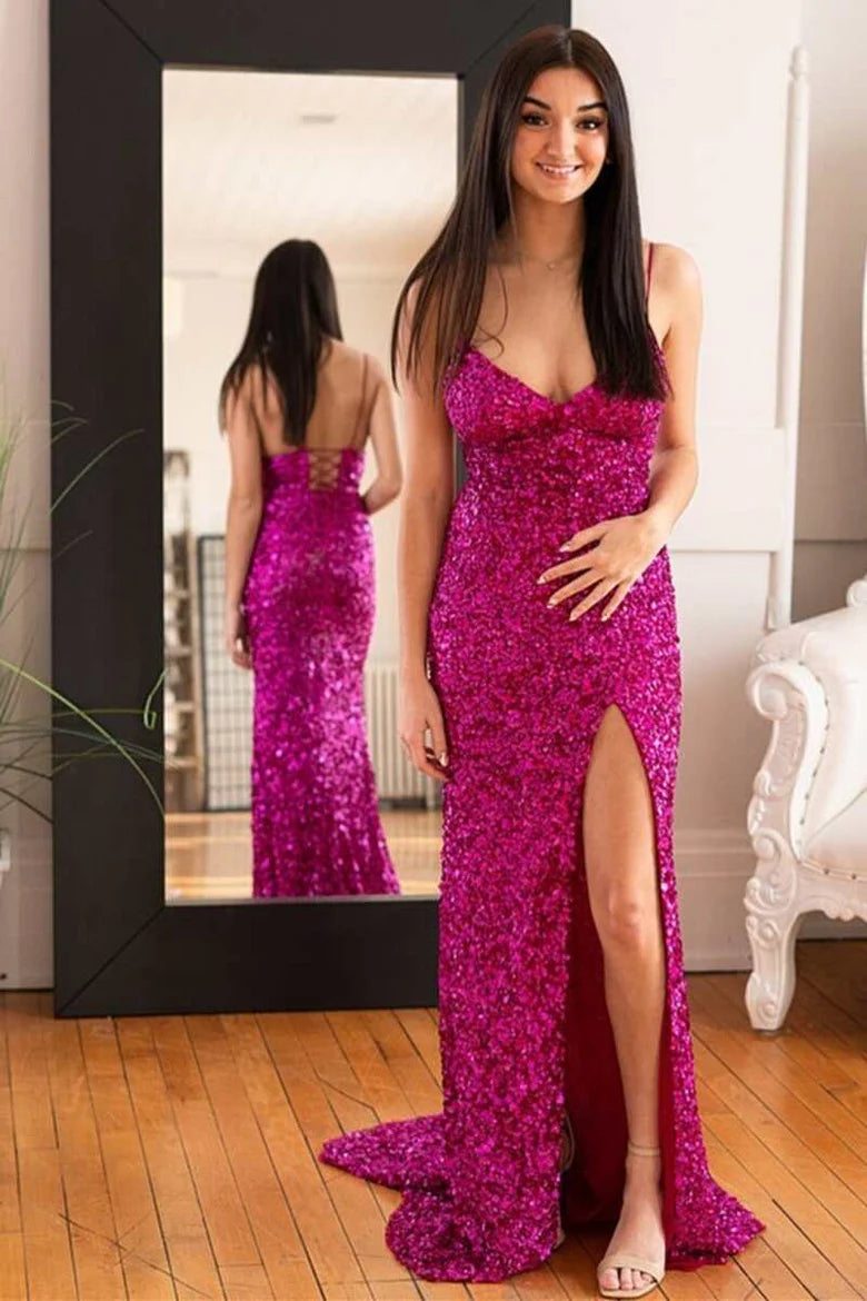 Mermaid Fuchsia Sequins Long Formal Dress with Slit