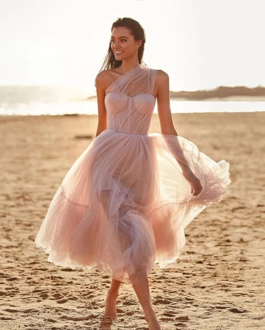 tulle one shoulder prom dress