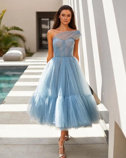 one shoulder tulle prom dress