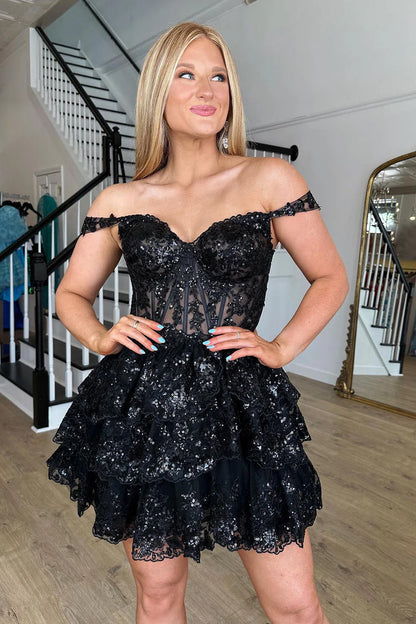 sequin tiered black short homecoming 