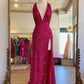 Backless Red Sequins Prom Gown With Slit VMP96