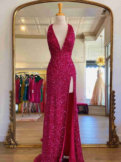 Fuchsia Halter Neckline Sequins Prom Dress