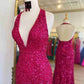 Backless Red Sequins Prom Gown With Slit VMP96