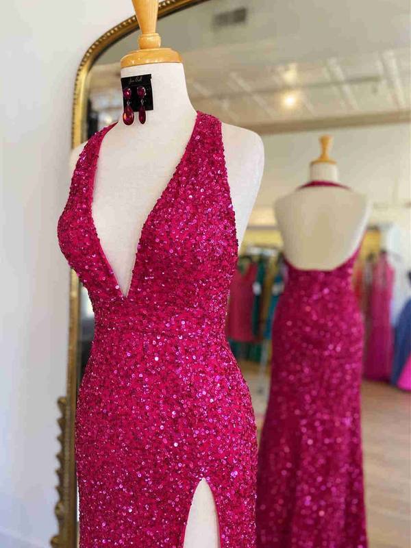 Fuchsia Halter Neckline Sequins Prom Dress