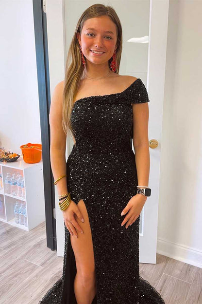 Robe de soirée longue noire à paillettes et manches cape, asymétrique épaule dénudée, VMP93