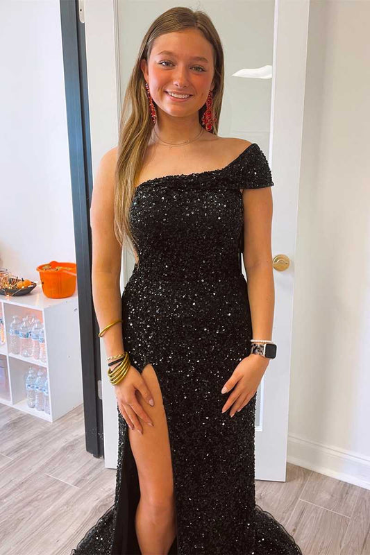 Black One Shoulder Cap Sleeve Sequined Long Party Dress VMP93