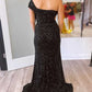 Black One Shoulder Cap Sleeve Sequined Long Party Dress VMP93