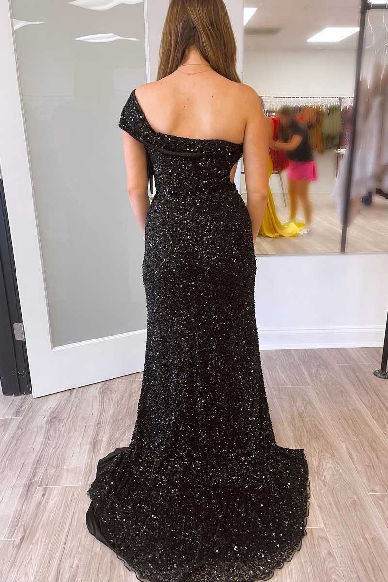 Robe de soirée longue noire à paillettes et manches cape, asymétrique épaule dénudée, VMP93
