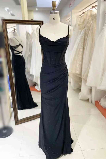 Black Pleated Prom Dress With Spaghetti Straps VMP119