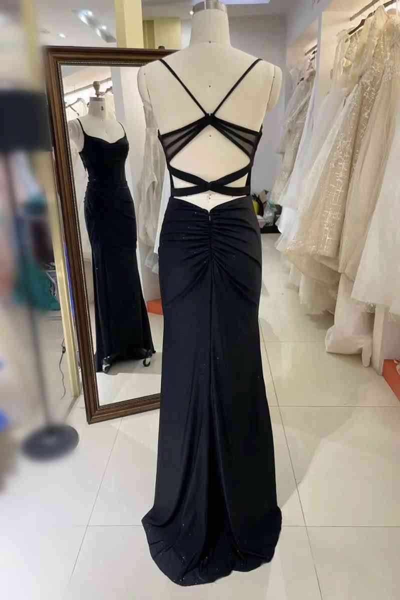 Black Pleated Prom Dress With Spaghetti Straps VMP119
