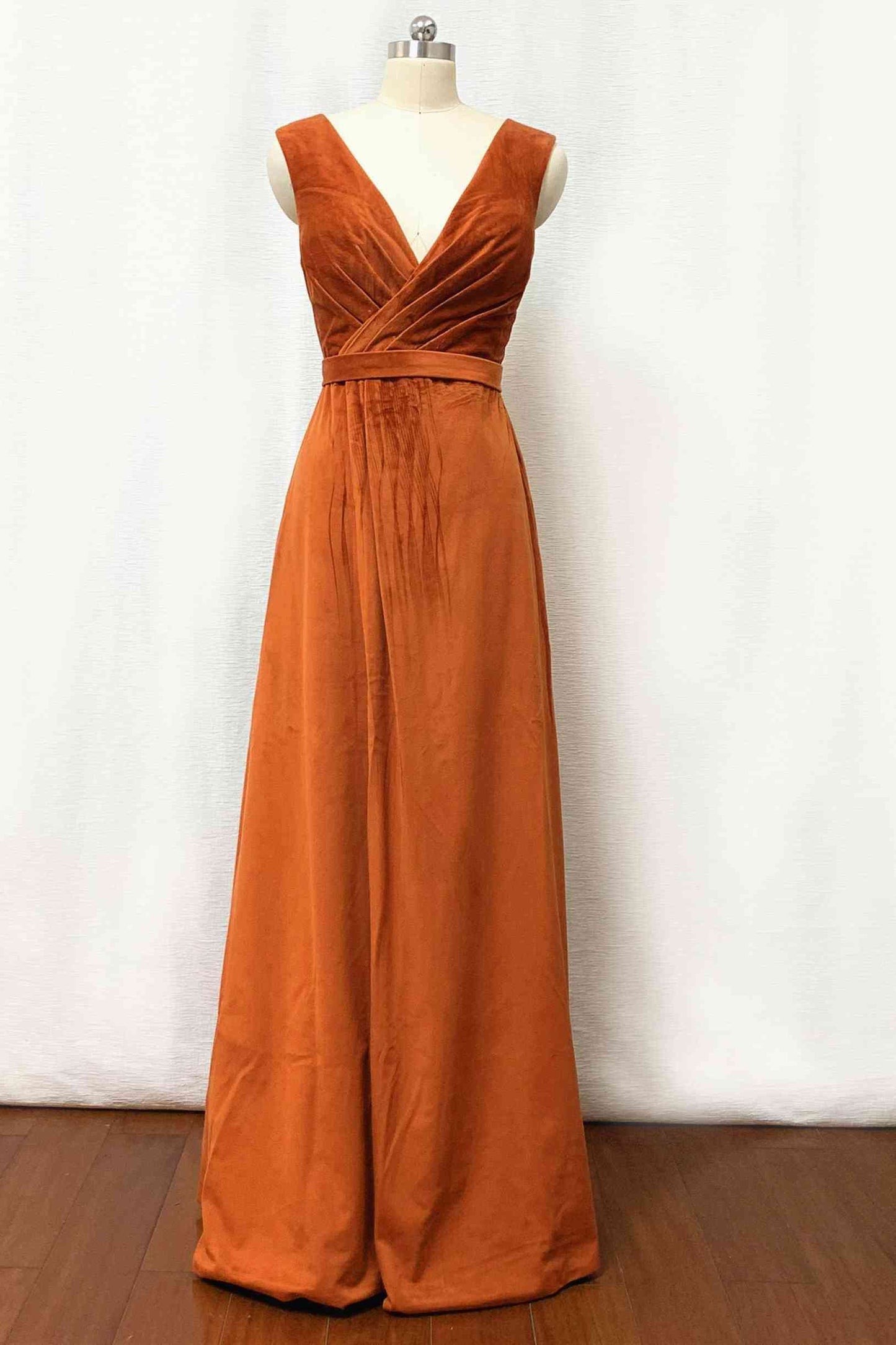 burnt orange velvet bridesmaid dress