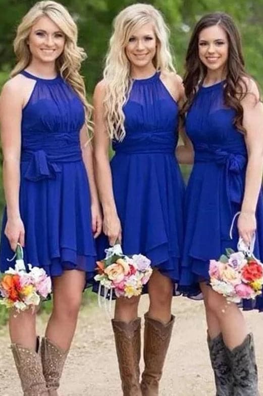 Royal Blue Chiffon Halter High Low Beach Short Bridesmaid Dresses