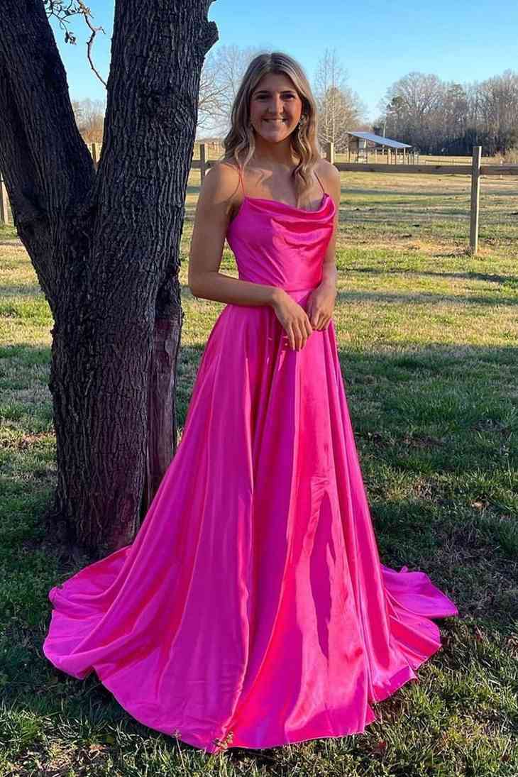 Cowl Neck Satin Formal Dress With Slit VMP122
