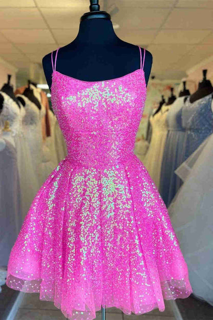 Cute Hot Pink Sequins Homecoming Dress VMH24
