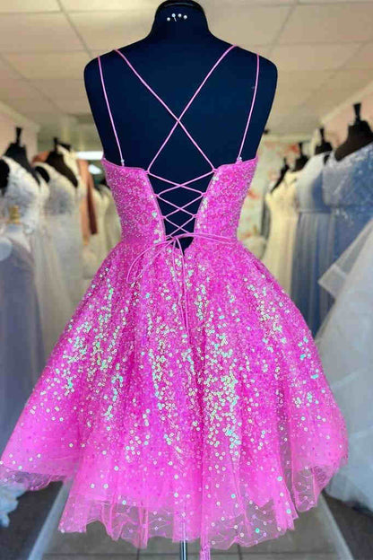 Cute Hot Pink Sequins Homecoming Dress VMH24