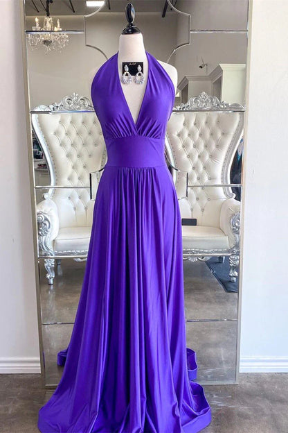 Elegant Halter Purple Long Prom Dress VMP120