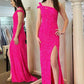 Hot Pink Sequins Prom Dress With One Shoulder VMP115