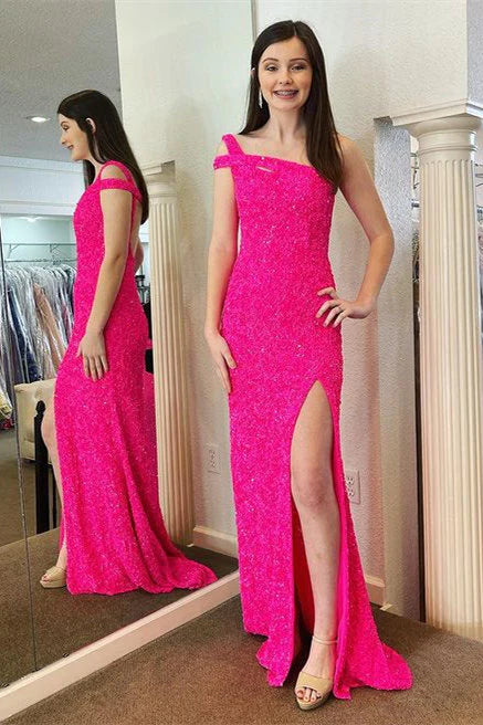 Hot Pink Sequins Prom Dress With One Shoulder VMP115
