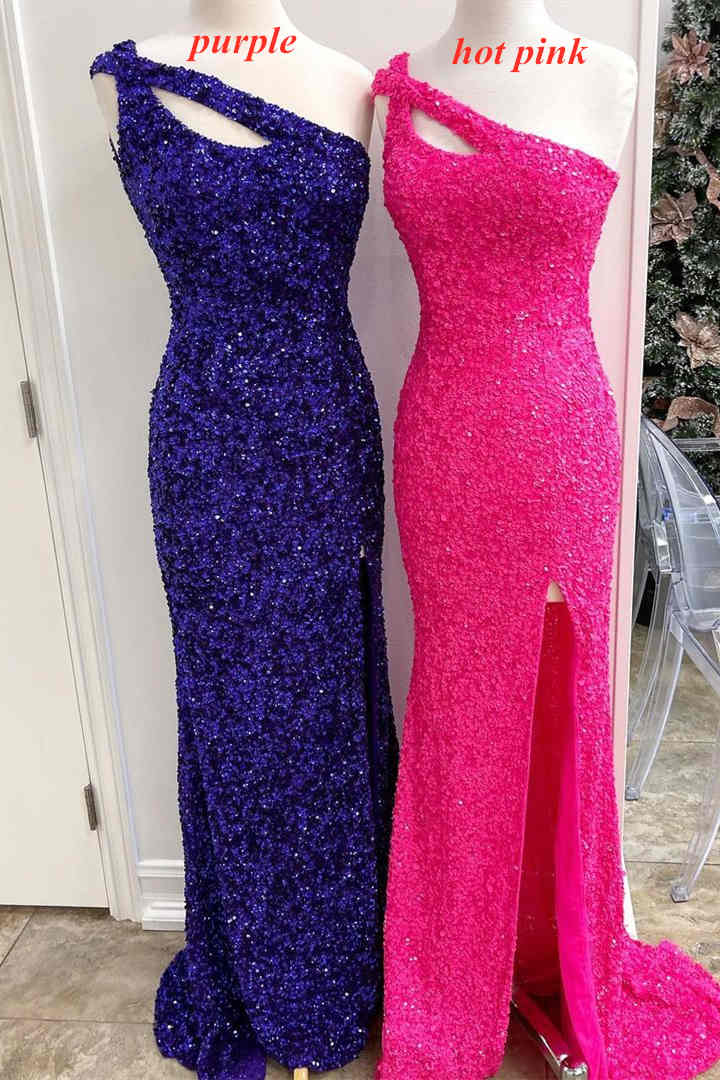 Hot Pink Sequins Prom Dress With One Shoulder VMP115