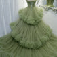Elegant Straps Pleated Green Tiered Tulle Formal Dress VMP100