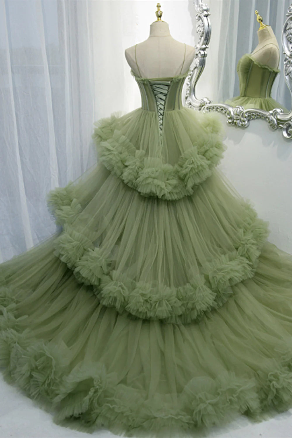 Elegant Straps Pleated Green Tiered Tulle Formal Dress VMP100