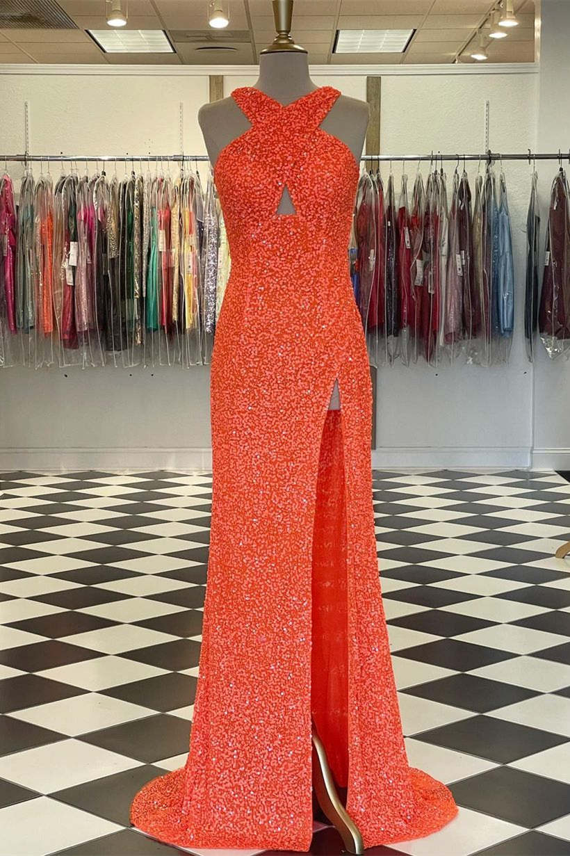 Fitted Criss Coss Neck Orange Prom Dress with Slit VMP88