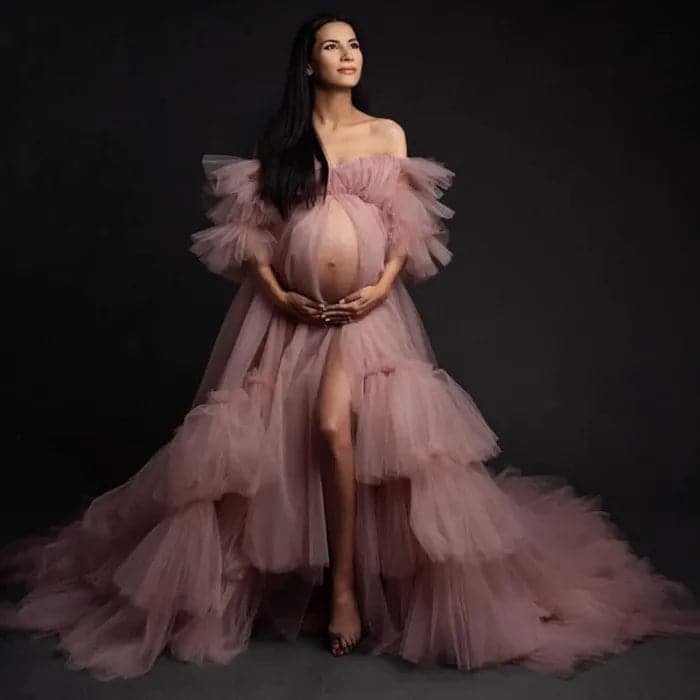 Off the Shoulder Ruffled Maternity Gown Photoshoot VMR23