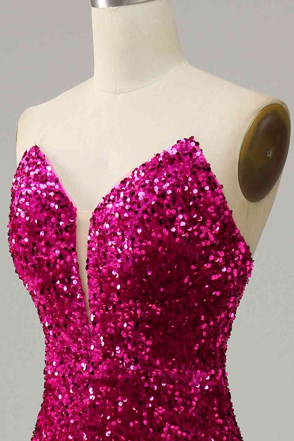 Fuchsia Strapless Sequins Prom Dress With Slit VMP112