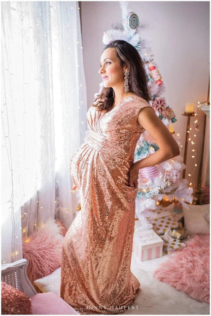 Gold Sequin Maternity Gown Photoshoot